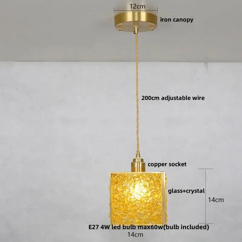Modern green mosaic crystal glass led pendant lamp with golden square pendant light and brass iron canopy for dining room decorbites crystal glass