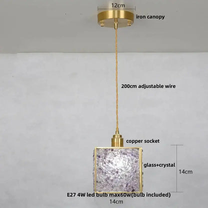 Modern green mosaic crystal glass led pendant lamp with brass iron canopy, copper socket, and lavender glass-crystal shade