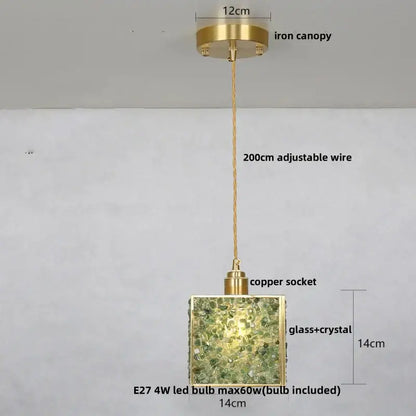 Modern green mosaic crystal glass led pendant lamp with square shade and brass iron canopy for dining room decorbites crystal glass