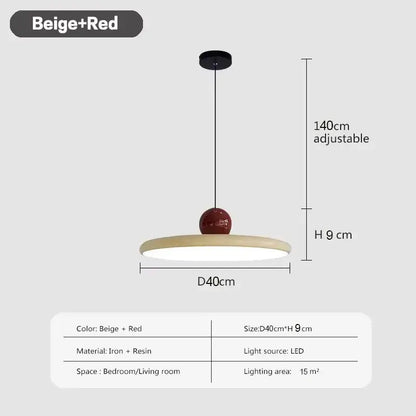 Modern green and red pendant light with beige and red circular iron and resin shade featuring led bulbs and adjustable length