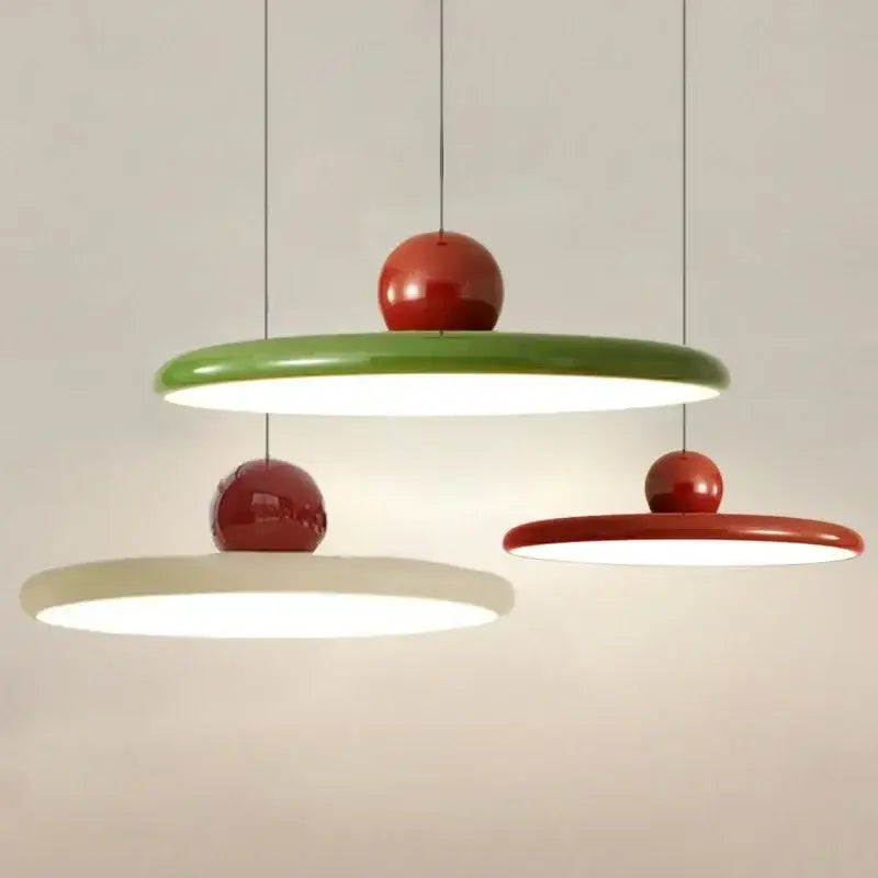 Modern green and red pendant light with glossy circular shades and led bulbs featuring a graceful silhouette for dining room