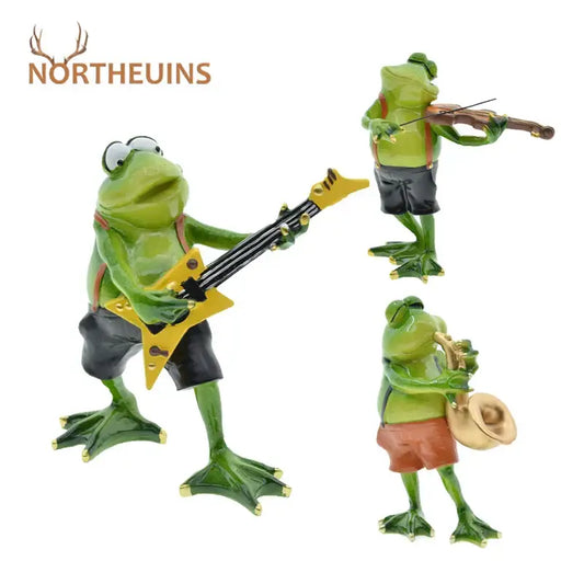 Modern green resin frog band figurine with frogs in shorts playing musical instruments for living room decorbites frog band decor