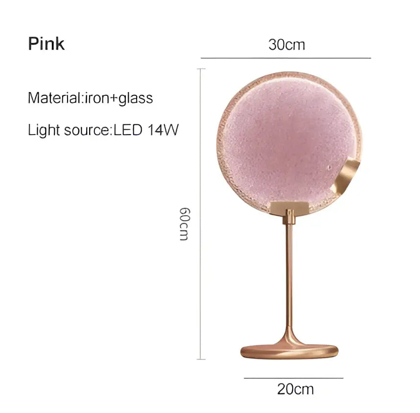 Pink round vanity mirror with textured glass and rose gold iron stand complements decorbites brass pendant light set