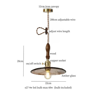 Vintage-style pendant light with brass iron canopy wooden handle copper socket amber shade for decorbites green wave