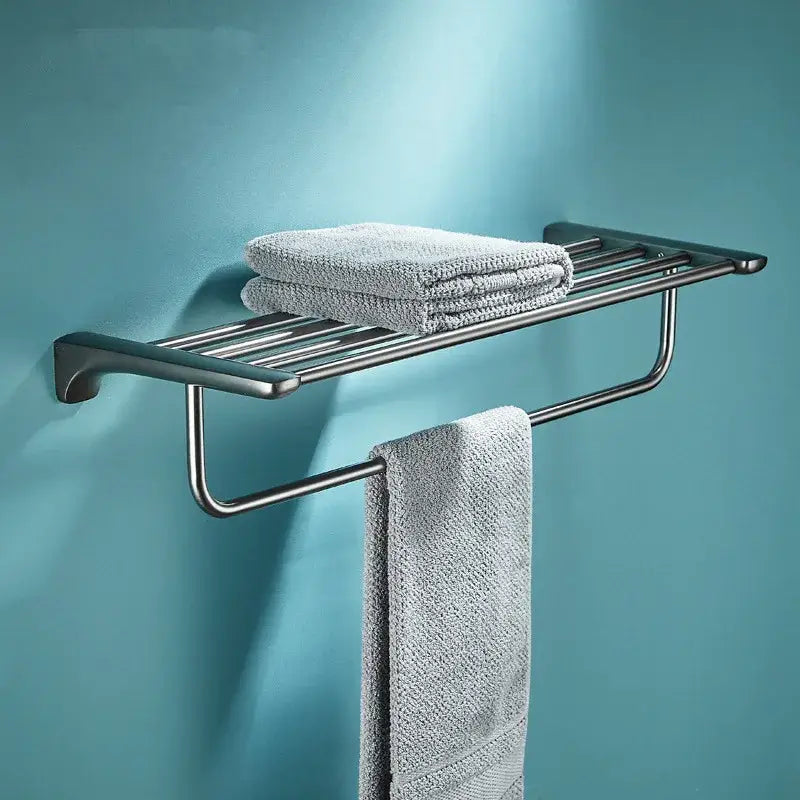 Modern brushed stainless steel grey bathroom accessories set towel rack with minimalist design holding gray towels