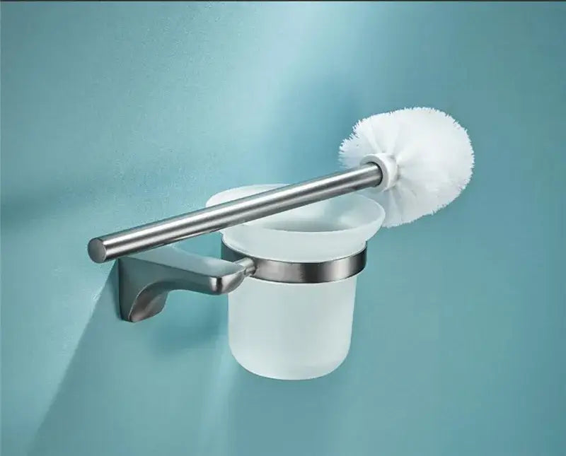 Modern grey bathroom accessories set stainless steel toilet brush holder with frosted glass cup and white bristle brush