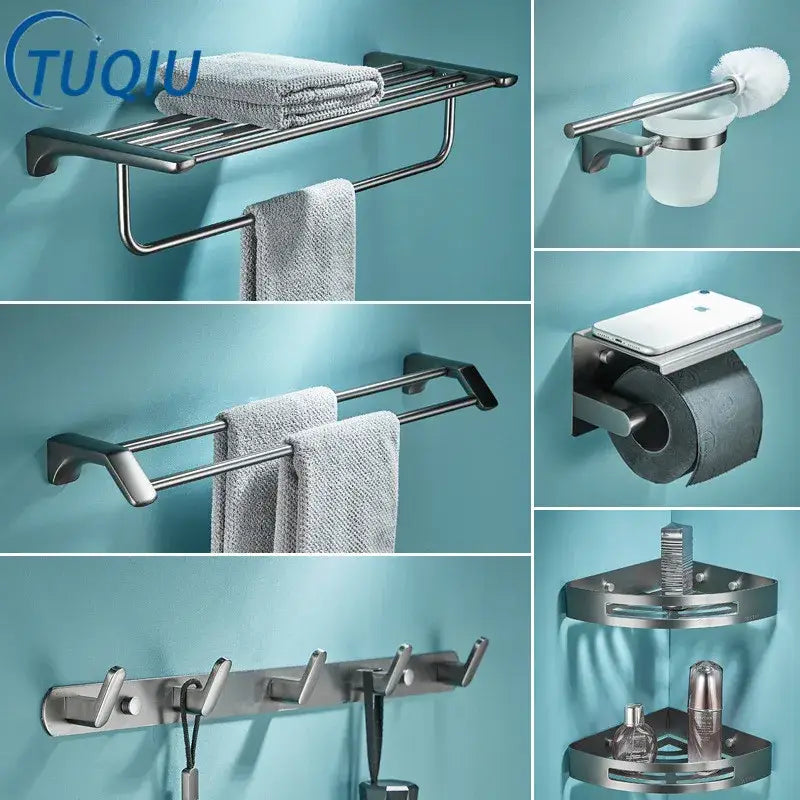 Modern grey bathroom accessories set stainless steel towel rack with sleek design and two horizontal bars for towels