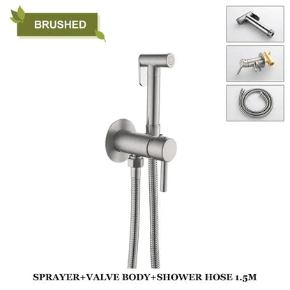 Modern grey brass bidet spray with brushed stainless steel handheld sprayer and flexible hose for brass bidet spray use