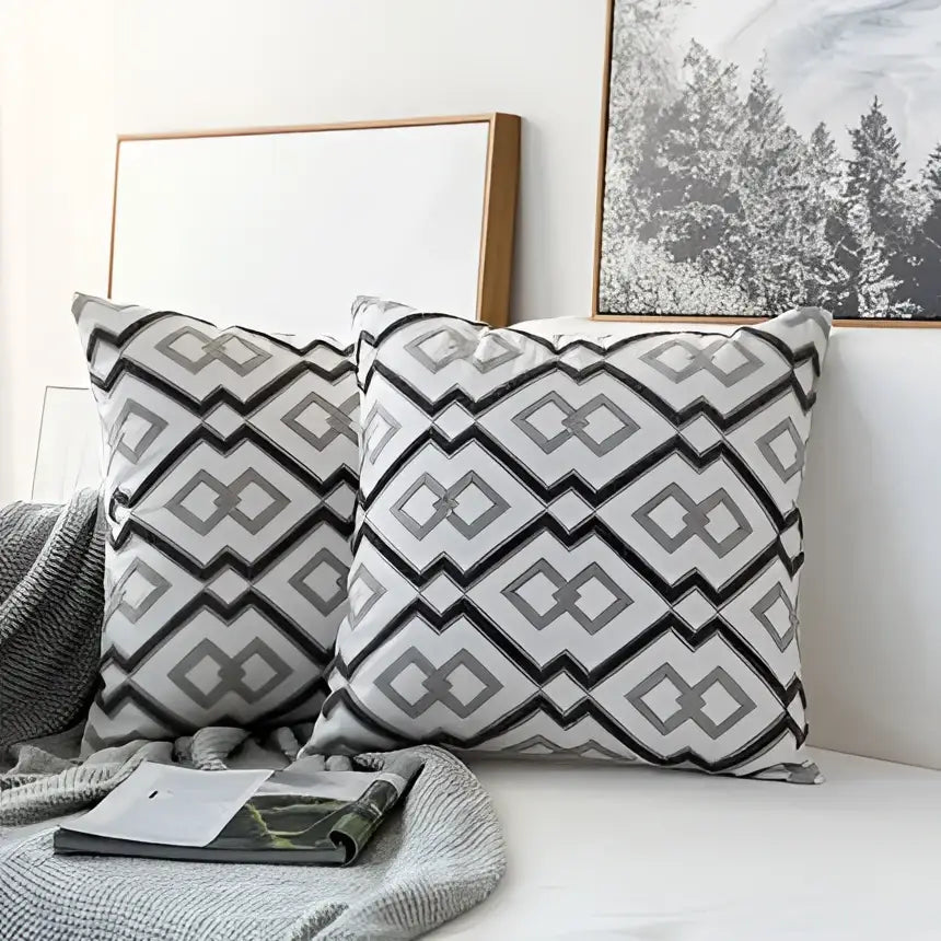 Modern grey geometric embroidered cushion cover set featuring gray and white zigzag pattern for living room decorbites decor