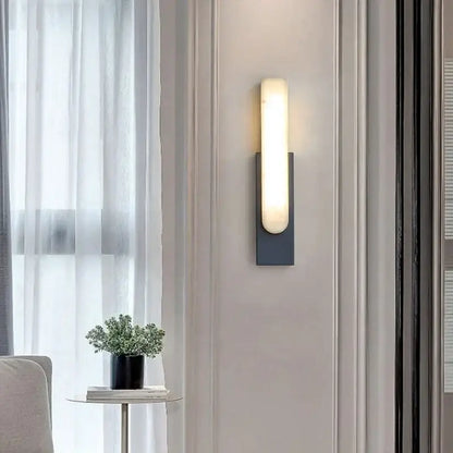 Modern grey marble led wall sconce with frosted glass diffuser and matte black metal base for bedside decorbites grey marble decor