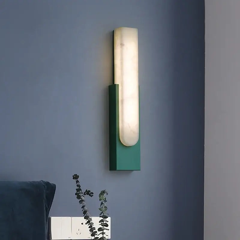 Modern grey marble led wall sconce with a sleek green metal frame and illuminated frosted glass for bedroom decorbites grey marble