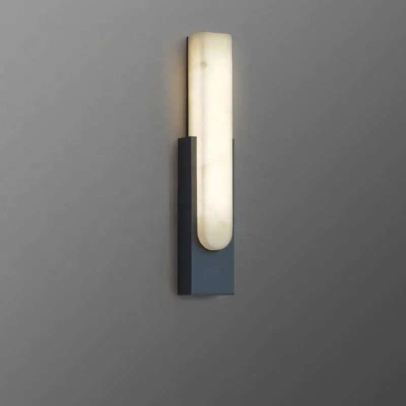 Modern grey marble led wall sconce with illuminated white alabaster panel and matte dark gray metal frame for bedroom decorbites gray marble bedside light