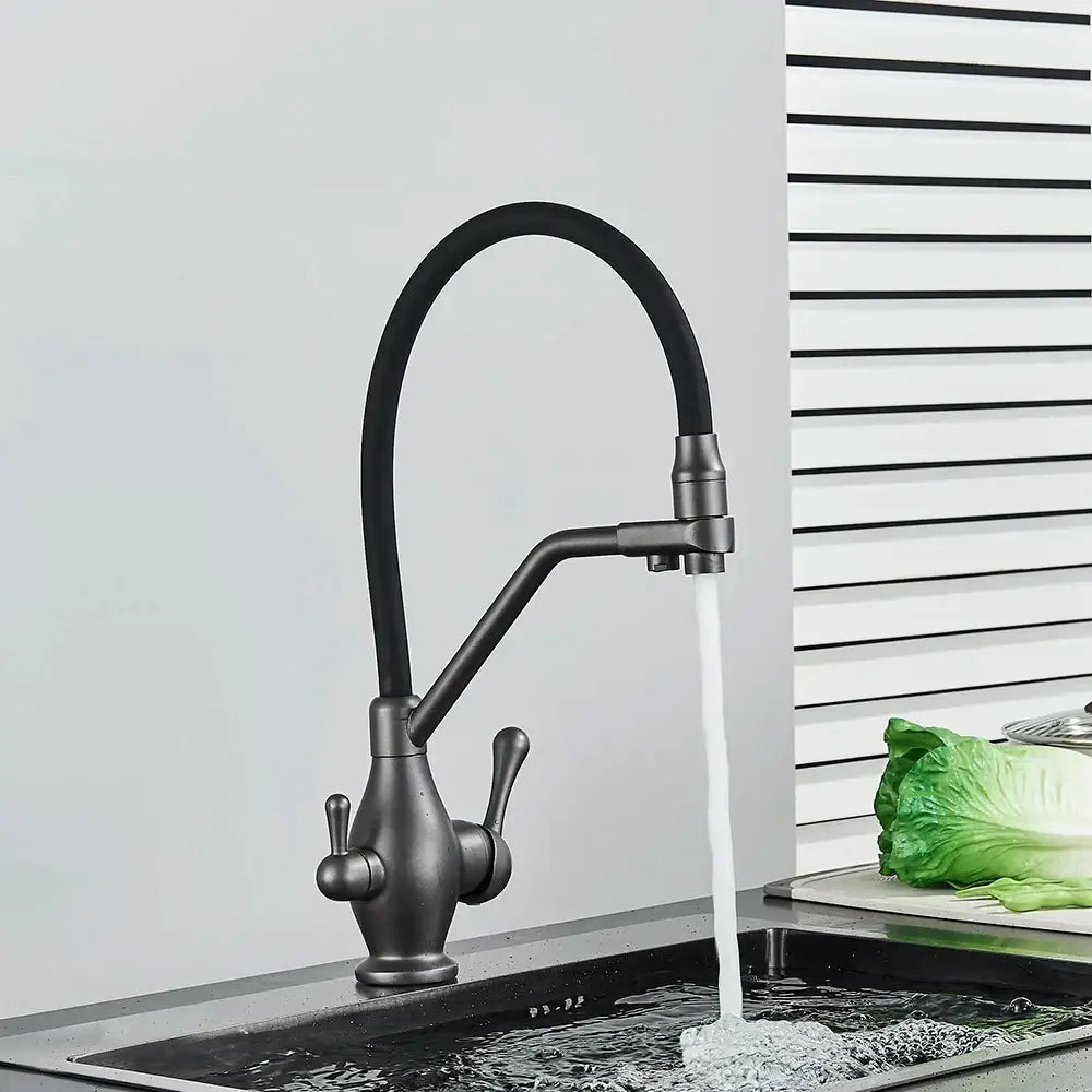 Modern gun gray kitchen faucet with dual handles and flexible gooseneck spout by decorbites gun gray for pure water tap