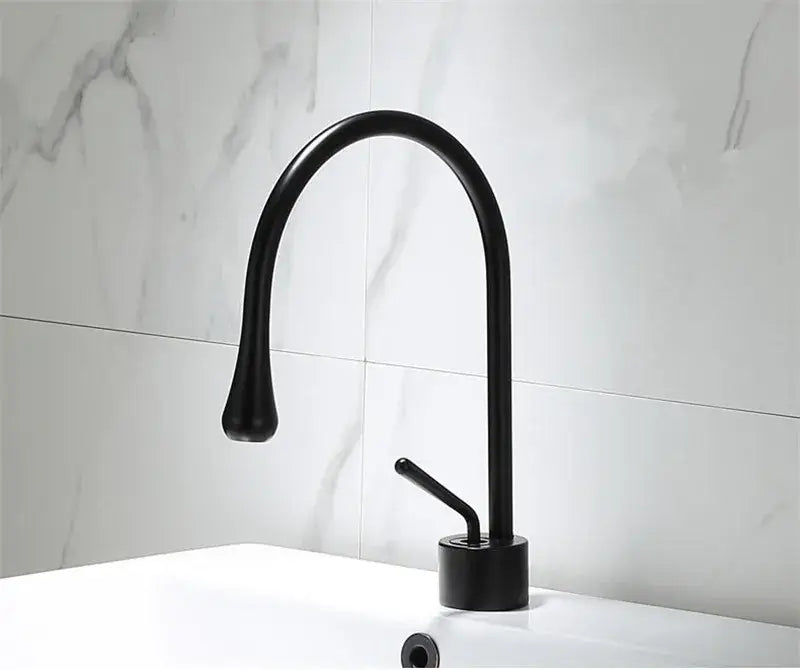Modern gun grey brass basin faucet with black matte finish curved spout and single lever handle for kitchen swivel use decorbites gun grey