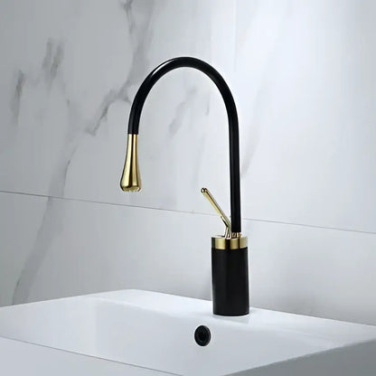 Modern gun grey brass basin faucet with a black and gold curved spout and cylindrical base for kitchen swivel use decorbites gun grey