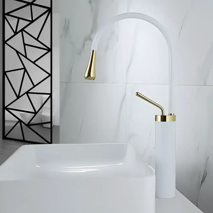 Gold-finished modern arched basin faucet with gun grey brass cylindrical base for kitchen swivel water crane decorbites gun grey