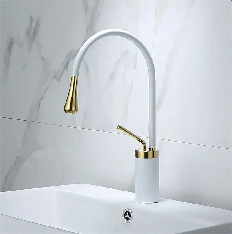 Modern gun grey brass basin faucet with white and gold curved spout and minimalist design for kitchen decorbites gun grey