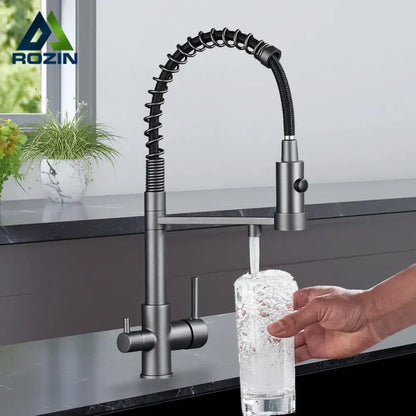 Modern gun grey filter kitchen faucet with pull down spring spout in matte black and silver decorbites gun grey design