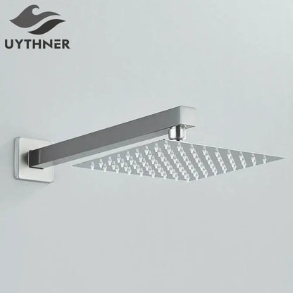 Modern hammered chrome finish square wall mounted shower head with sleek geometric nozzle design for bathroom accessory