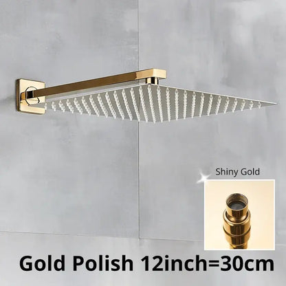 Modern hammered shiny gold 12-inch square polished wall mounted shower head with multiple water jets for bathroom use