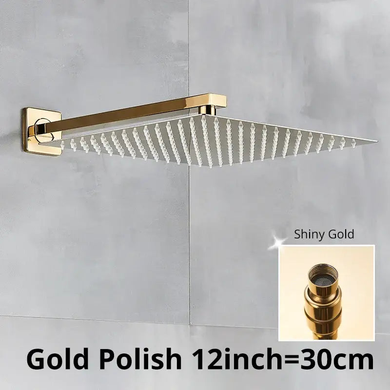 Modern hammered shiny gold 12-inch square polished wall mounted shower head with multiple water jets for bathroom use