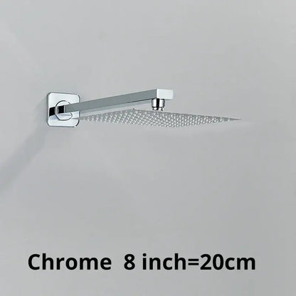 Modern hammered square wall mounted shower head with chrome finish and textured perforated surface 8-inch square