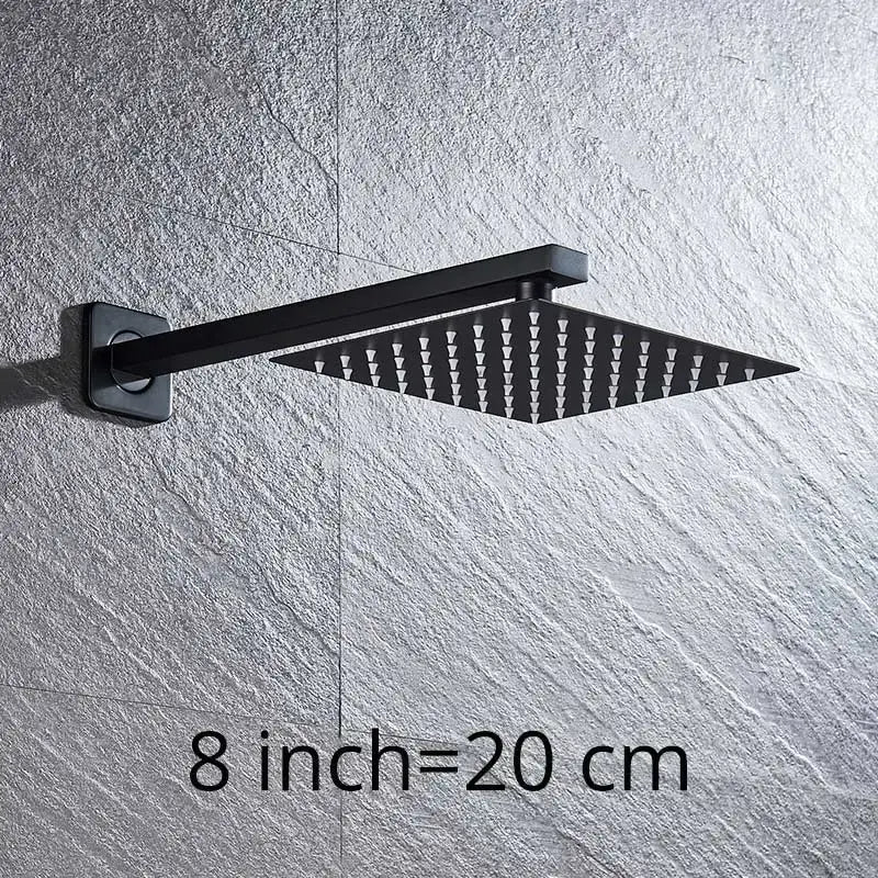 Modern hammered square wall mounted shower head in black matte finish with multiple water jets and sleek design