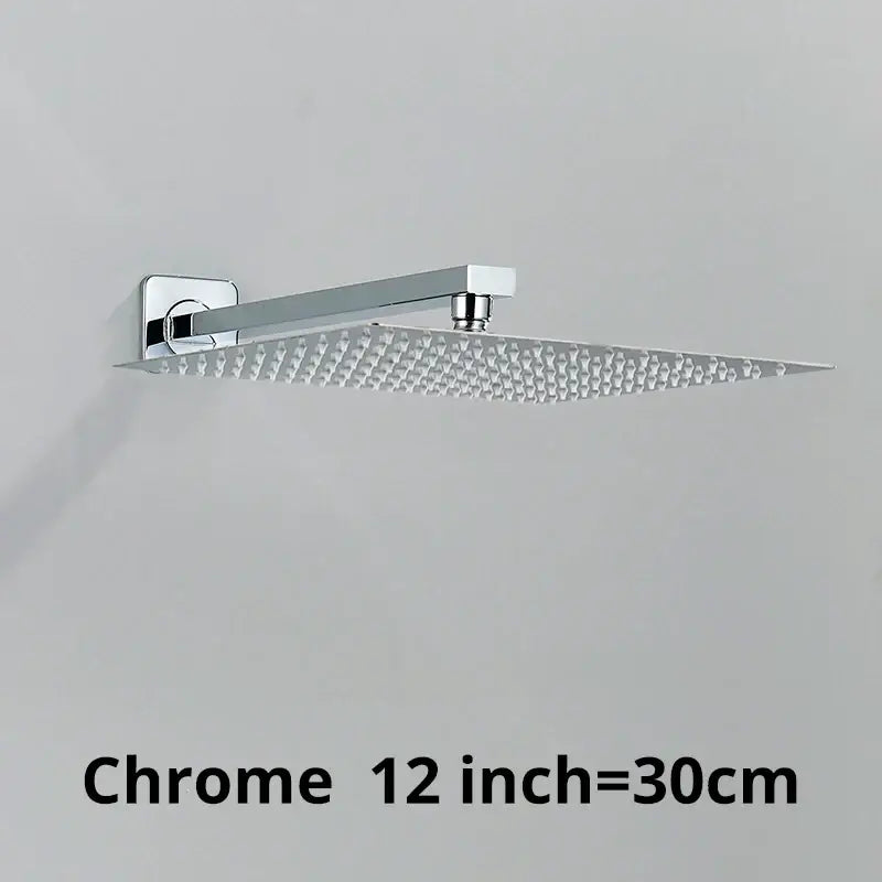 Modern hammered chrome finished 12 inch square rainfall wall mounted shower head with textured diamond pattern surface