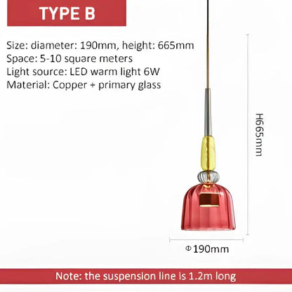 Modern hand blown colorful red glass bedside pendant light with copper and primary glass components by decorbites
