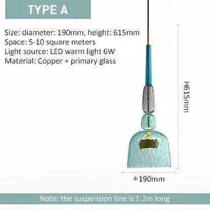 Modern hand blown teal glass bedside pendant light with copper accent and textured surface for decorbites glass bedside decor