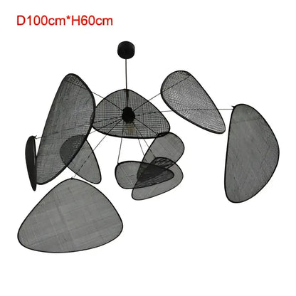Black hand made rattan pendant light with irregular overlapping mesh panels for modern living room chandelier