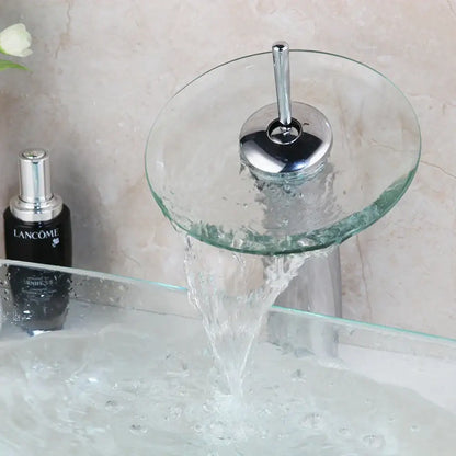 Modern hand painted glass basin mixer faucet chrome finished with transparent glass bowl and flowing water