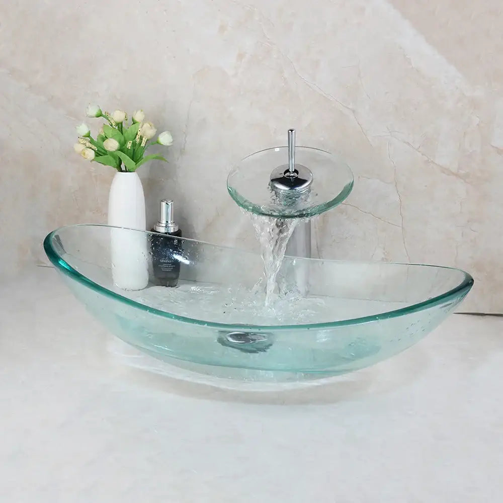 Modern hand painted clear glass waterfall sink with sleek chrome basin mixer faucet for bathroom use