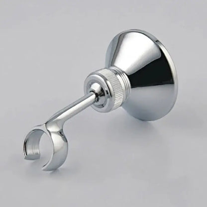 Chrome-finished metal handshower bracket wall mounted holder with flared base and curved arm by decorbites