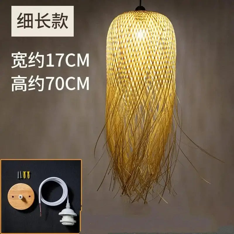 Modern handwoven golden bamboo pendant lights with cylindrical woven design and dangling fringes for dining room decorbites