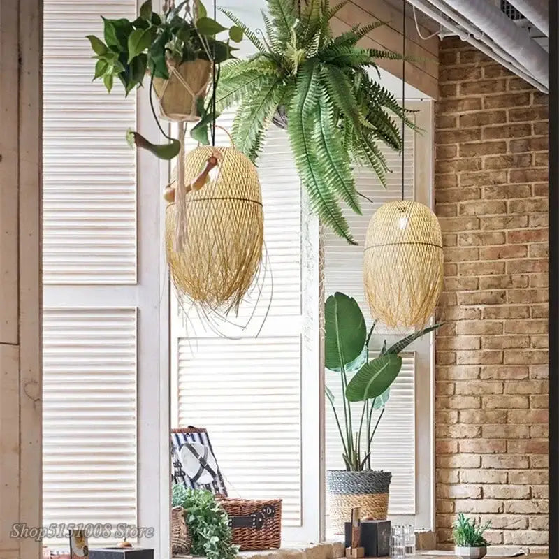 Modern handwoven bamboo pendant lights with natural wicker texture and warm earthy tones featured in dining room decorbites bamboo pendant design