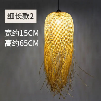 Modern handwoven golden-yellow bamboo pendant lights with textured lattice design and frayed strands for dining room decorbites bamboo pendant