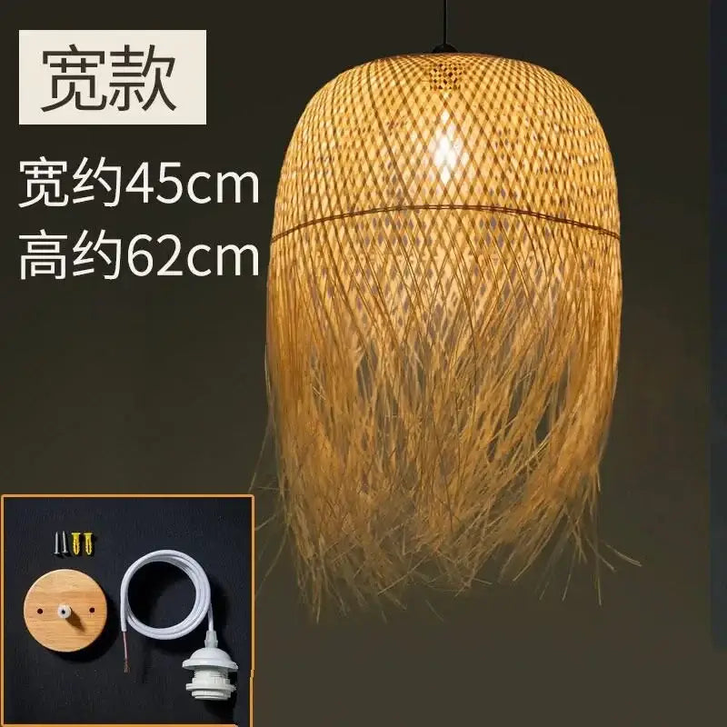 Modern handwoven warm-toned bamboo pendant lights with wide lantern shape and hanging fringes for dining room decorbites bamboo pendant
