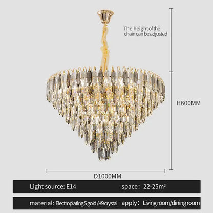 Modern heart shaped gold decorbites crystal chandelier with cascading clear and smoky crystal prisms for living rooms