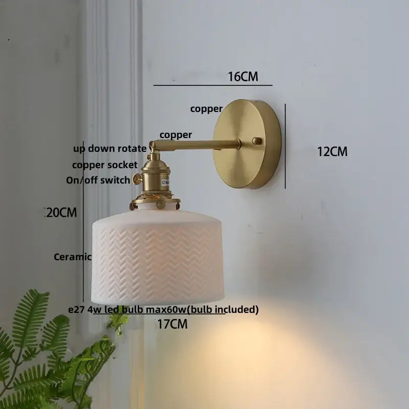 Modern herringbone ceramic copper led sconce wall lamp with brass finish and off-white chevron shade for bedroom decorbites copper led