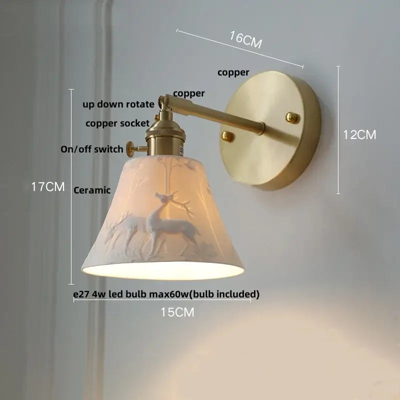 Vintage-style copper led sconce wall lamp with ceramic deer motif shade for bedroom decorbites copper led lighting