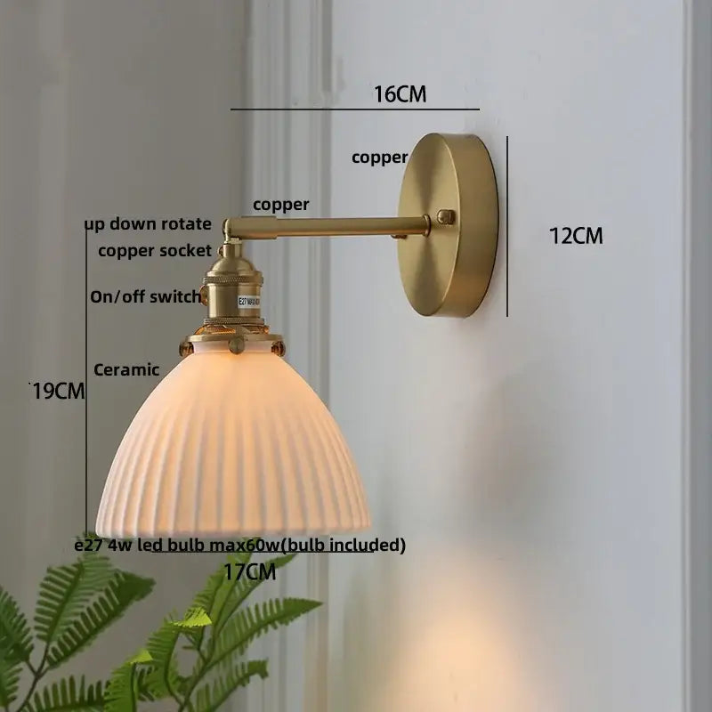 Vintage-style copper led sconce wall lamp with ribbed ceramic shade for bedroom decorbites copper led lighting