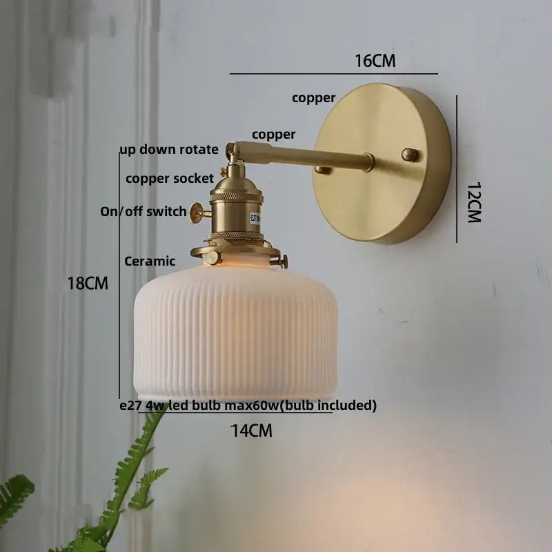 Vintage-style brass wall lamp with ribbed ceramic shade modern herringbone decorbites copper led sconce for bedroom