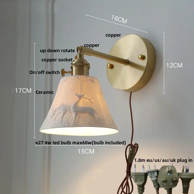 Modern herringbone ceramic copper led sconce wall lamp with vintage copper led sconce and embossed deer decorbites wall lamp