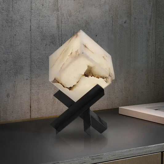 Modern hexagonal decorbites cube marble table lamp with cream stone shade and black metal base for bedroom light