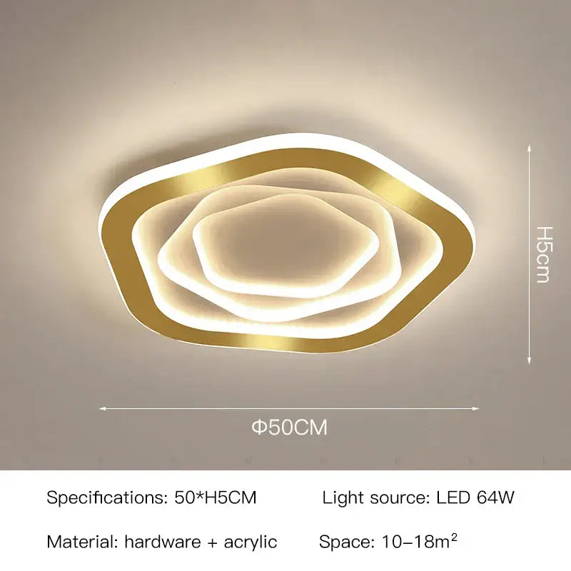 Modern hexagonal gold luxury led ceiling chandelier with concentric rings and warm glow for living room decorbites gold luxury