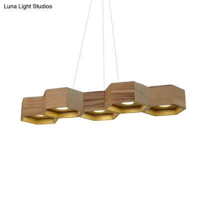 Decorbites modern hexagonal wooden ceiling light fixture with natural wood finish and gold interior for island lighting