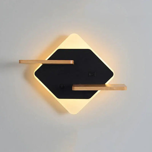 Modern hexagonal wood led bedside shelf wall lamp with black center warm led glow and two light wood shelves decorbites led bedside