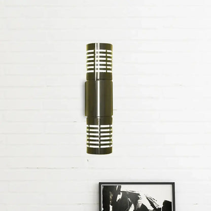 Modern black and silver hollow design cylindrical wall mounted led outdoor sconce with horizontal slats