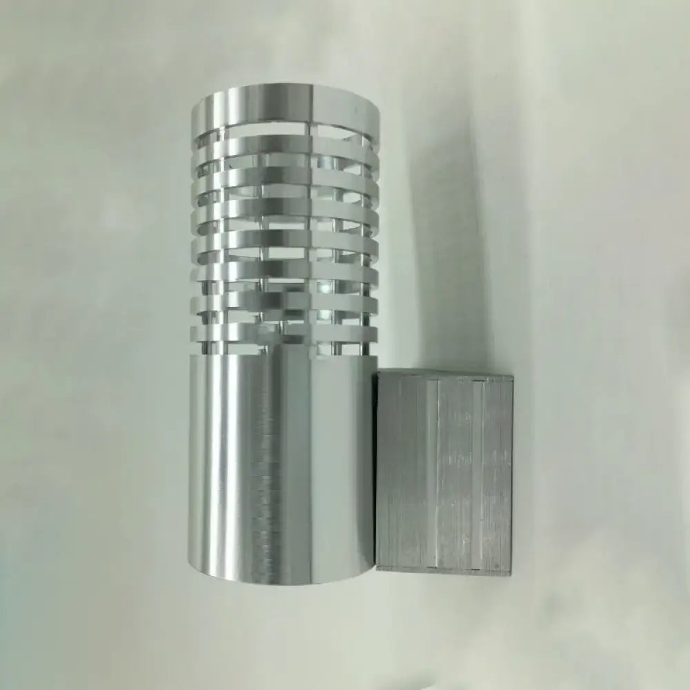 Modern hollow design silver cylindrical led wall mounted outdoor sconce with horizontal slats and matching base